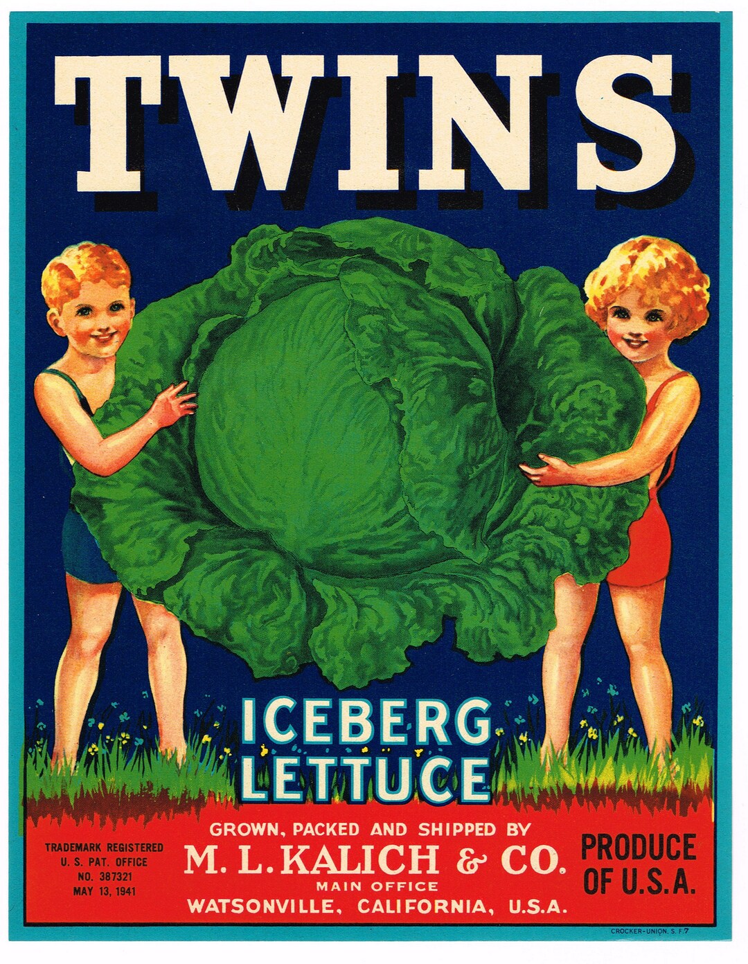 Original Vintage Vegetable Crate Label 1940s Twins Watsonville