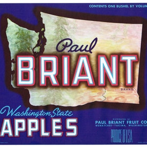 Original Vintage ApfelKiste Label 1950er Jahre Paul Briant Karte Wenatchee Washington Werbung