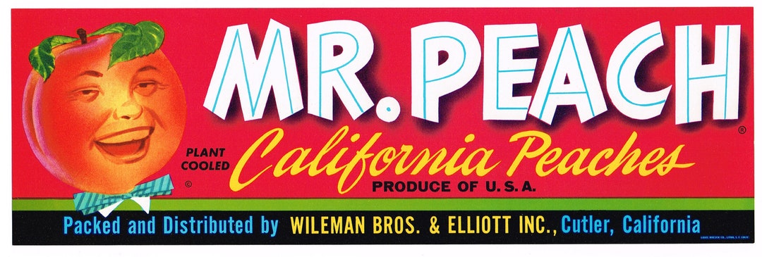 Original Vintage Fruit Crate Label 1960s Anthropomorphic Mr. Peach