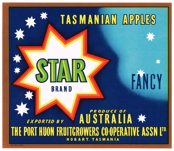 APPLE CRATE LABEL VINTAGE AUSTRALIA TASMANIA HOBART ASTRONOMY STARS FANCY
