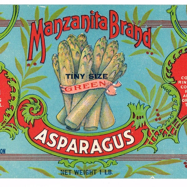 Original vintage Large Tin Can label C1910 Manzanita Brand Asparagus San Francisco General Store Graphic Design 10.25X4.5"