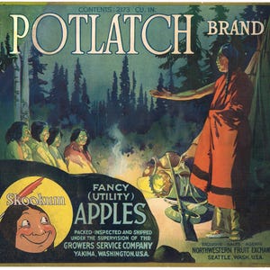 Original vintage apple crate label 1930s Skookum Yakima Seattle Washington State Rare Native American Potlatch Repaired Indian