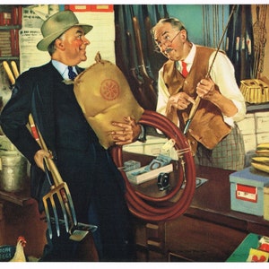 Original vintage calendar print 1940s Fishing Lithograph print General Store Americana Rod Reel Seed Packet Hardware