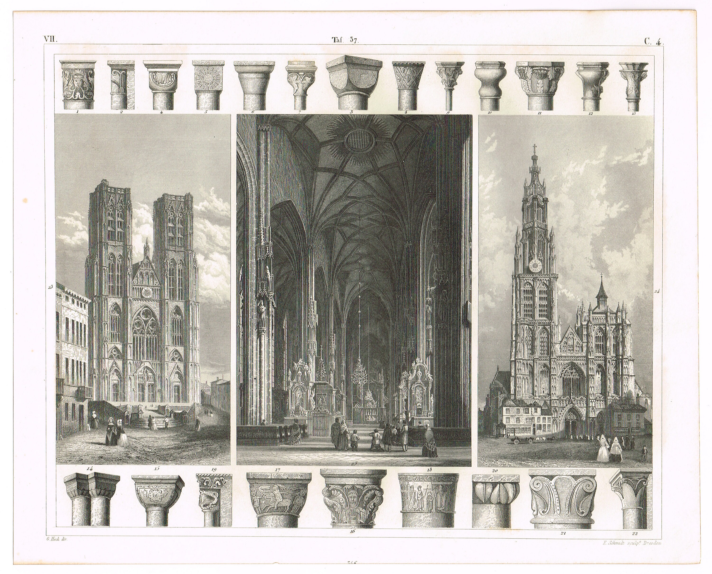 Original antique steel plate engraving print 1851 J.G. Heck Architecture Medieval Cathedrals Brussels Antwerp Vienna