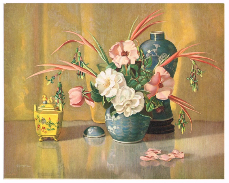 Original vintage art print 1930s Floral Vase and Flowers Etsy