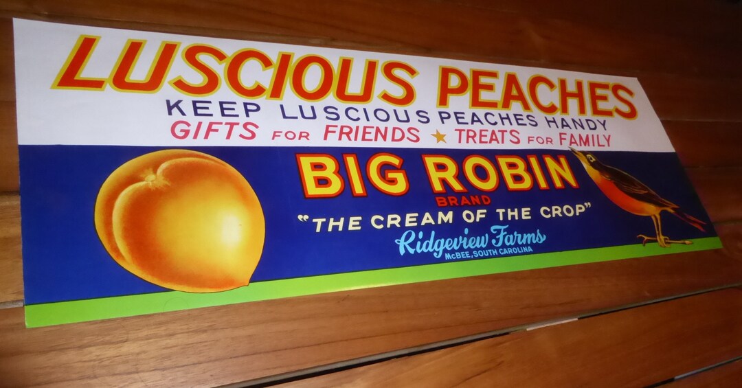Original Vintage Fruit Peach Advertising Sign Paper Banner 1950s Big