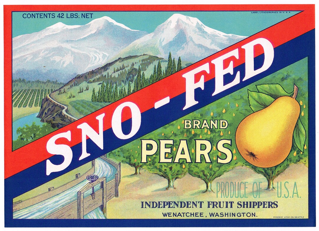 Original Vintage Pear Crate Label 1930s Sno-fed Brand Wenatchee ...