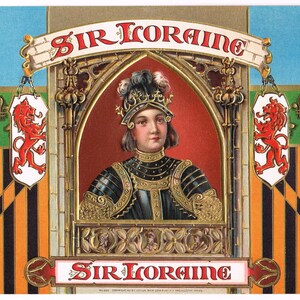 Original vintage cigar box label 1911 Chromolithograph Embossed Medieval Knight Suit Of Armor Sir Loraine Middle Ages Jousting