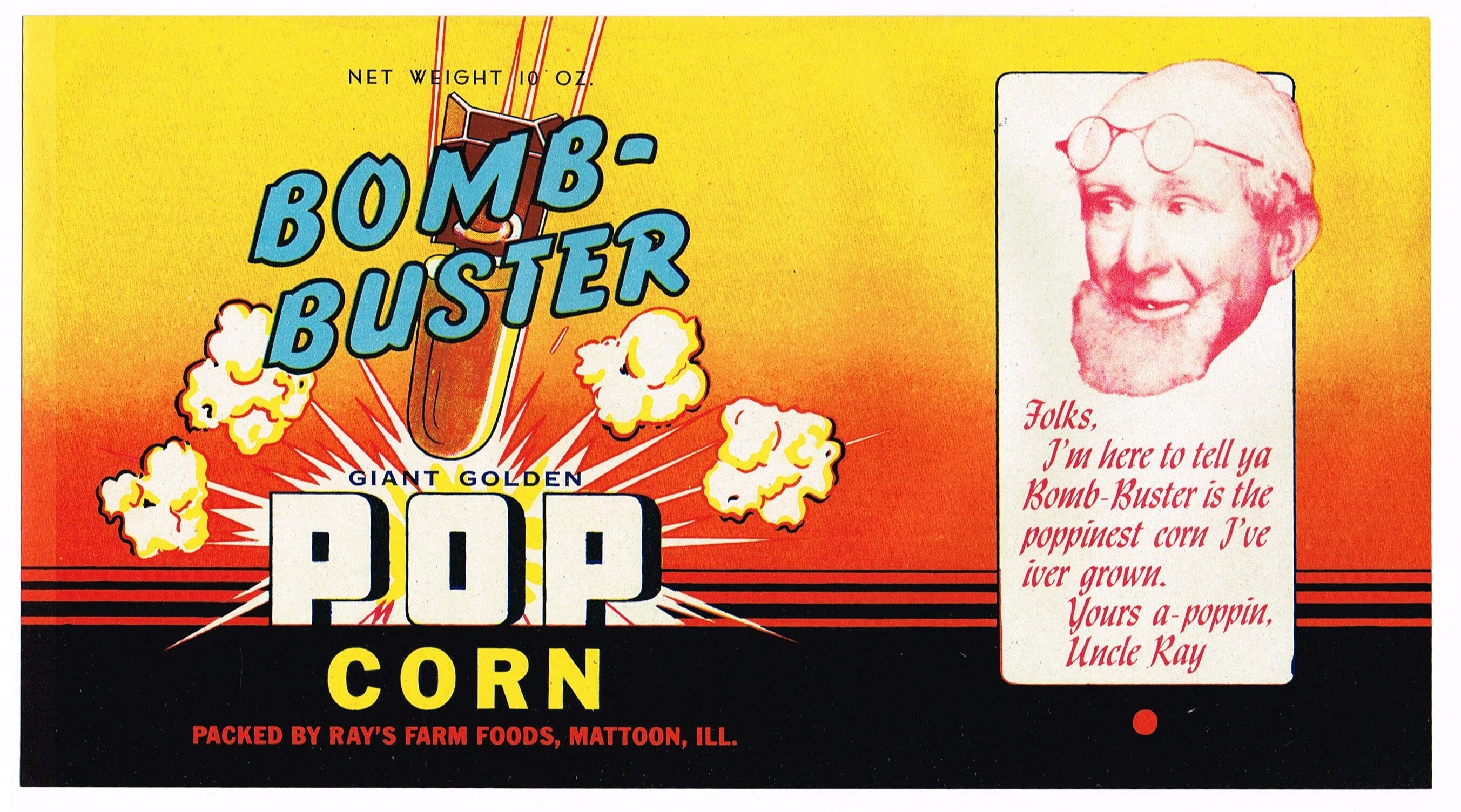Original vintage Tin Can label 1950s Bomb Buster Popcorn Uncle Ray Mattoon Illinois Comical