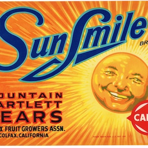 May include: A vintage label for Sun Smile brand Mountain Bartlett Pears. The label features a smiling sun with a human face and the text "Sun Smile Brand" in blue lettering. The text "Mountain Bartlett Pears" is in black lettering and the text "Colfax Fruit Growers Assn. Colfax, California" is in black lettering. The label also features a red circle with the text "CALEX" in white lettering.