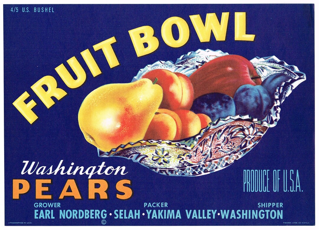 FRUITS　1998 Original Vintage Pear Crate Label 1950s Fruit Bowl Yakima Selah