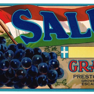 Original Vintage Traubenkiste Label 1940er Jahre Salute Brand Italienische Flagge Preston Morris California Escalon Vineyard Vintner Wine