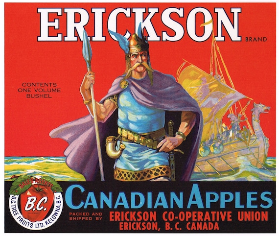 Vintage Apple Crate label for Erickson Canadian Apples, Erickson B.C Vintage Apple Crate label for Erickson Canadian Apples, Erickson B.C