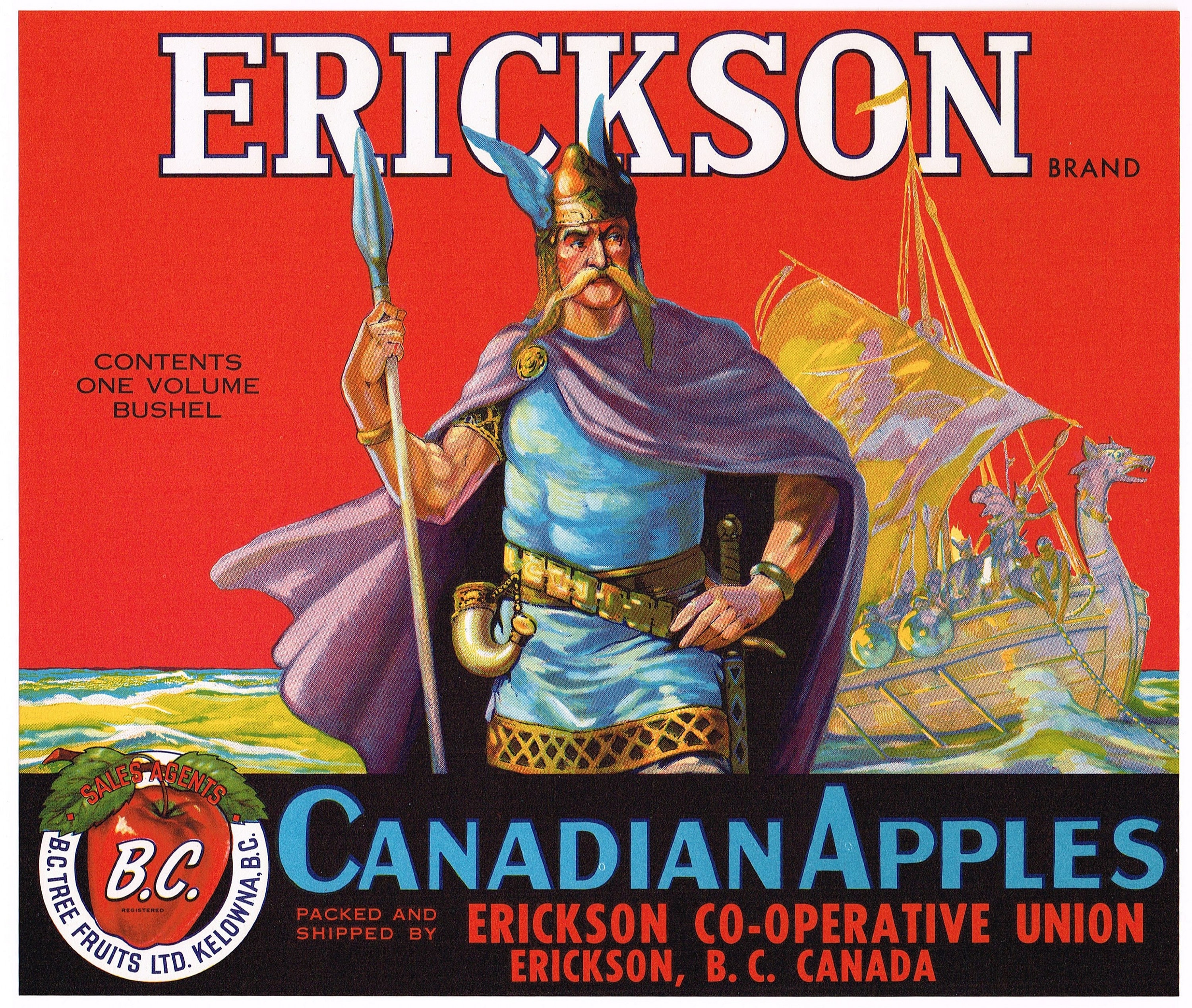 Vintage Apple Crate label for Erickson Canadian Apples, Erickson B.C Vintage Apple Crate label for Erickson Canadian Apples, Erickson B.C