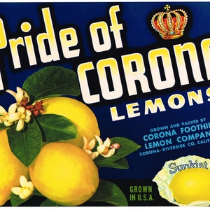 Etiqueta original vintage de una caja de limones de los años 40: Orgullo de Corona, Condado de Riverside, California