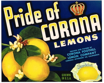 Original vintage lemon crate label 1940s Pride Of Corona Riverside County California