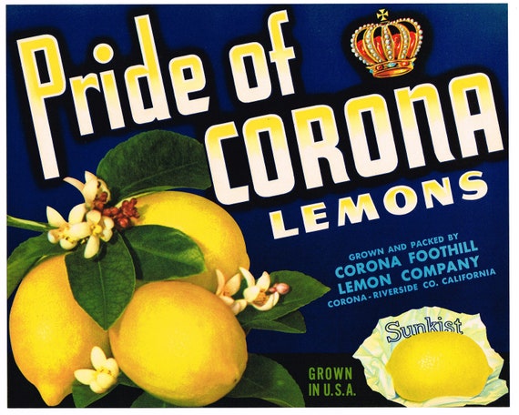 SOUTHLAND BEAUTIES~ROSES~ORIGINAL 1940s CORONA-RIVERSIDE LEMON FRUIT CRATE LABEL