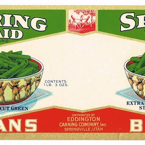 Original vintage Tin Can label 1930s Spring Maid Teddy Bear Bears Bowl String Beans Springville Utah