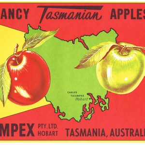 Original Vintage Apfelkiste Label 1950er Jahre Fancy Tasmania Brand Tasmania & Australien Export Hobart Map Rare