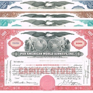 4 Original Pan American World Airways Stock Certificates 4 colors mixed lot Eagle Globe printed c1940s Aviation Juan Trippe