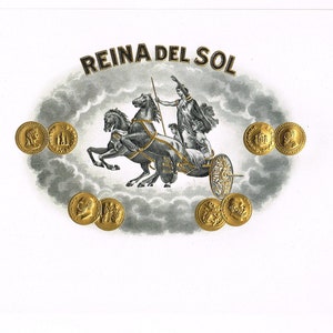 Original vintage cigar box label c1920s Reina Del Sol Embossed & Bronzed Gold Coins Chariot Horse