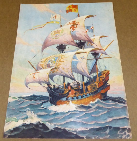 Antique アンティーク 帆船 絵画 スペイン レア