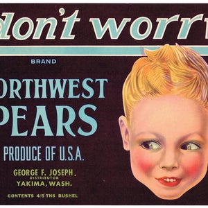 Original vintage pear crate label 1930s Don&#39;t Worry Yakima Washington