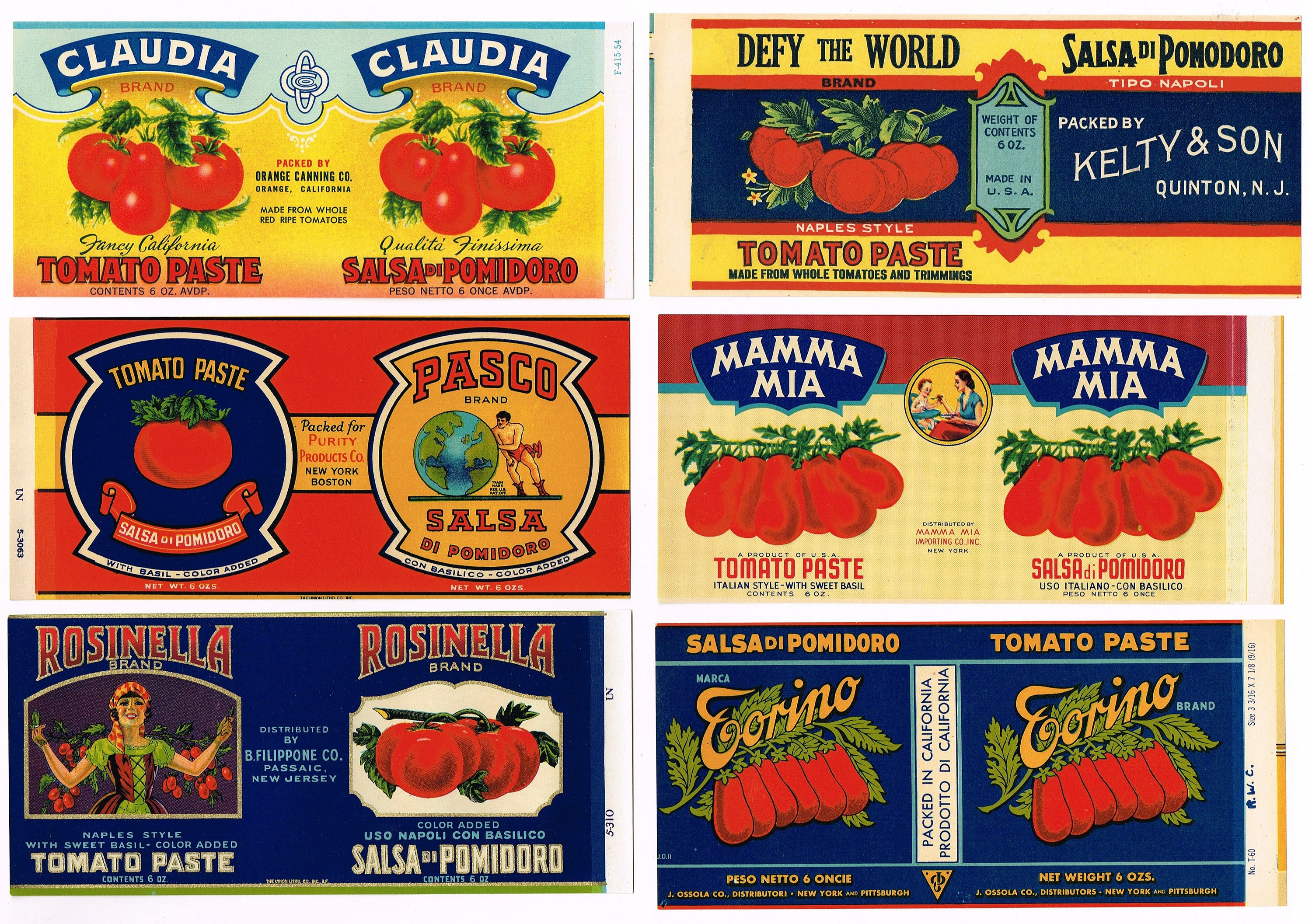 6 Different Original Vintage Tin Can Labels 1930s Tomato Paste