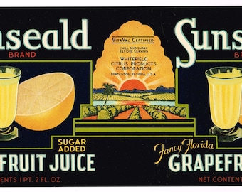Original antique vintage Can label 1930s Grapefruit Juice Sunseald Rising Sun Groves Bradenton