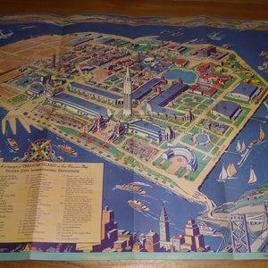 Original escaso vintage Ruth Taylor mapa caricatura pictórica 1939 San Francisco Golden Gate International Exposition Treasure Island