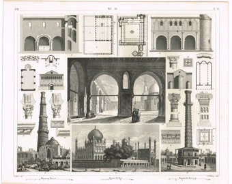 Original antike Stahlplatte Gravur Druck 1851 J.G. Heck Architektur islamischen indischen frühen romanischen Cario Delhi Cordova