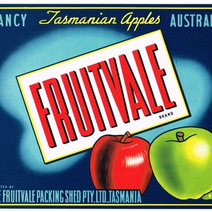 Original vintage apple crate label 1950s Australia Tasmania Fruitvale Packing Shed Fancy