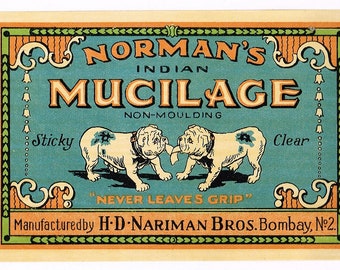 Original Vintage Papier Werbeetikett c1920s Mucilage Glue Bombay India Bulldog Bull Dogs Nariman Brothers