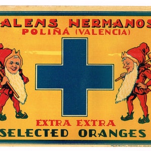 Original vintage Spanish citrus crate label c1930s Talens Hermanos Gnomes Little People with Hammers Valencia Spain