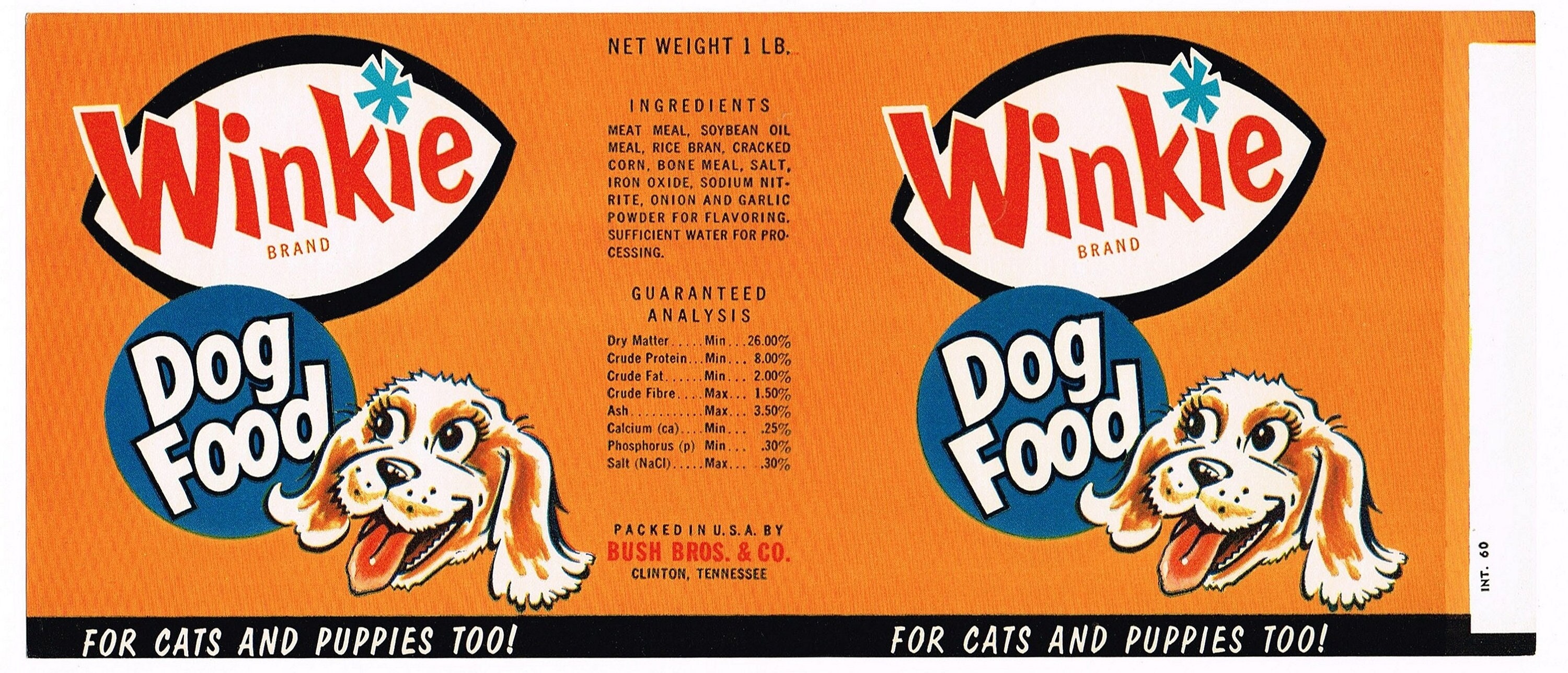 Original Vintage Tin Can Label 1960 Dog & Cat Food Winkie Cartoon
