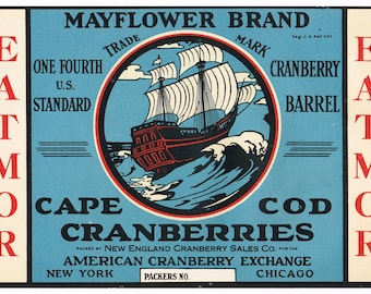 Original Cranberry advertising label 1930&#39;s vintage Mayflower Brand Chicago New York Cape Cod Massachusetts Nautical Sailing Ship Blue