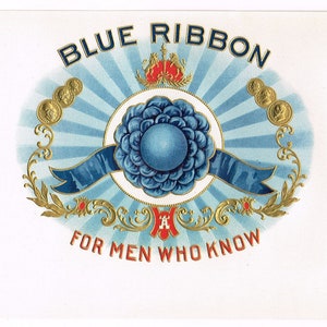 Original vintage cigar box label c1930s Embossed Ornate Blue Ribbon Typography Gold Coins Inner