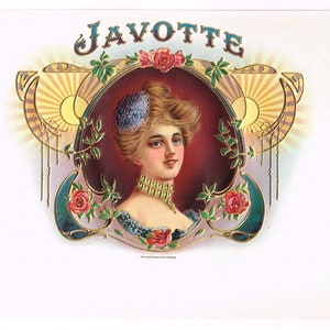 Original vintage cigar box label c1900 Javotte Inner Embossed Bronzed Stone Stone Lithography Art Nouveau