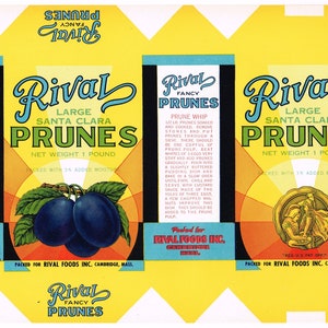 Original vintage box packaging label c1930 Santa Clara California Prunes Rival Cambridge Massachusetts Art Deco Unused