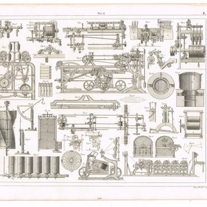 Original antique steel plate engraving print 1851 Technology Science Illustrating Construction of Wool Processing Equipment