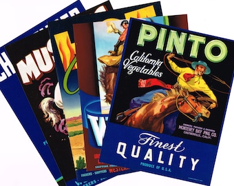 5 different original Vegetable Crate Labels vintage advertising 1940s - 1950s Cowboy Horses Rodeo Western