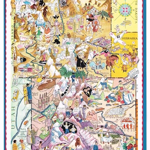 Seltene Vintage Berta & Elmer Harder Landkarte Cartoon bildlich 1932 Colorado Wyoming Cowboys Western Denver Cheyenne Pikes Peak
