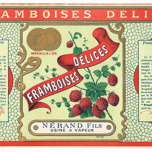 Original vintage candy can label c1910 French France classic graphic design antique Raspberry Gold Medal Large Size 13.5x7.5&quot;