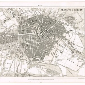 Original antike Stahlplatte Gravur Druck 1851 Kartographie Karte Stadt Berlin Deutschland Stadt Ansicht Plan