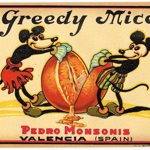 Original vintage Spanish citrus crate label 1930s Spain Orange Mickey Minnie Mouse Disney Rare Greedy Mice Monsonis Valencia