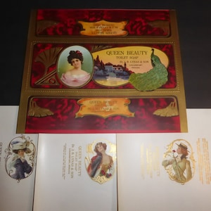 4 Different Original vintage soap box & bar labels c1910 Queen Beauty Art Nouveau embossed Peacock Logansport Indiana