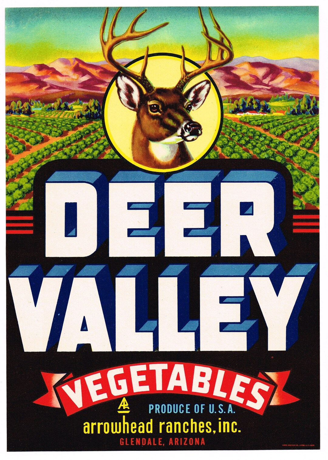 Original Vintage Vegetable Crate Label 1950s Deer Valley Arrowhead ...