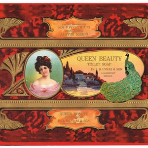 Original vintage soap box label c1910 Queen Beauty Art Nouveau embossed Peacock Logansport Indiana