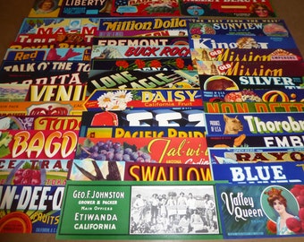 May include: A collection of vintage fruit crate labels with colorful designs and text. The labels feature various fruits, including grapes, peaches, and oranges. Some labels have the names of the fruit varieties, such as "Daisy California Fruit" and "Thorobred".