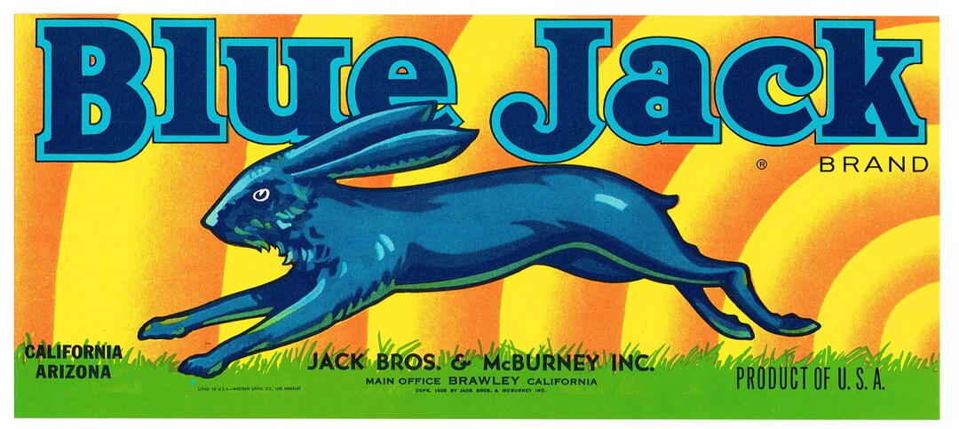 大売り出し！Made in U.S.A. catalog & Scrapbook Original Vintage Melon Crate Label 1940s Blue Jack Rabbit Hare